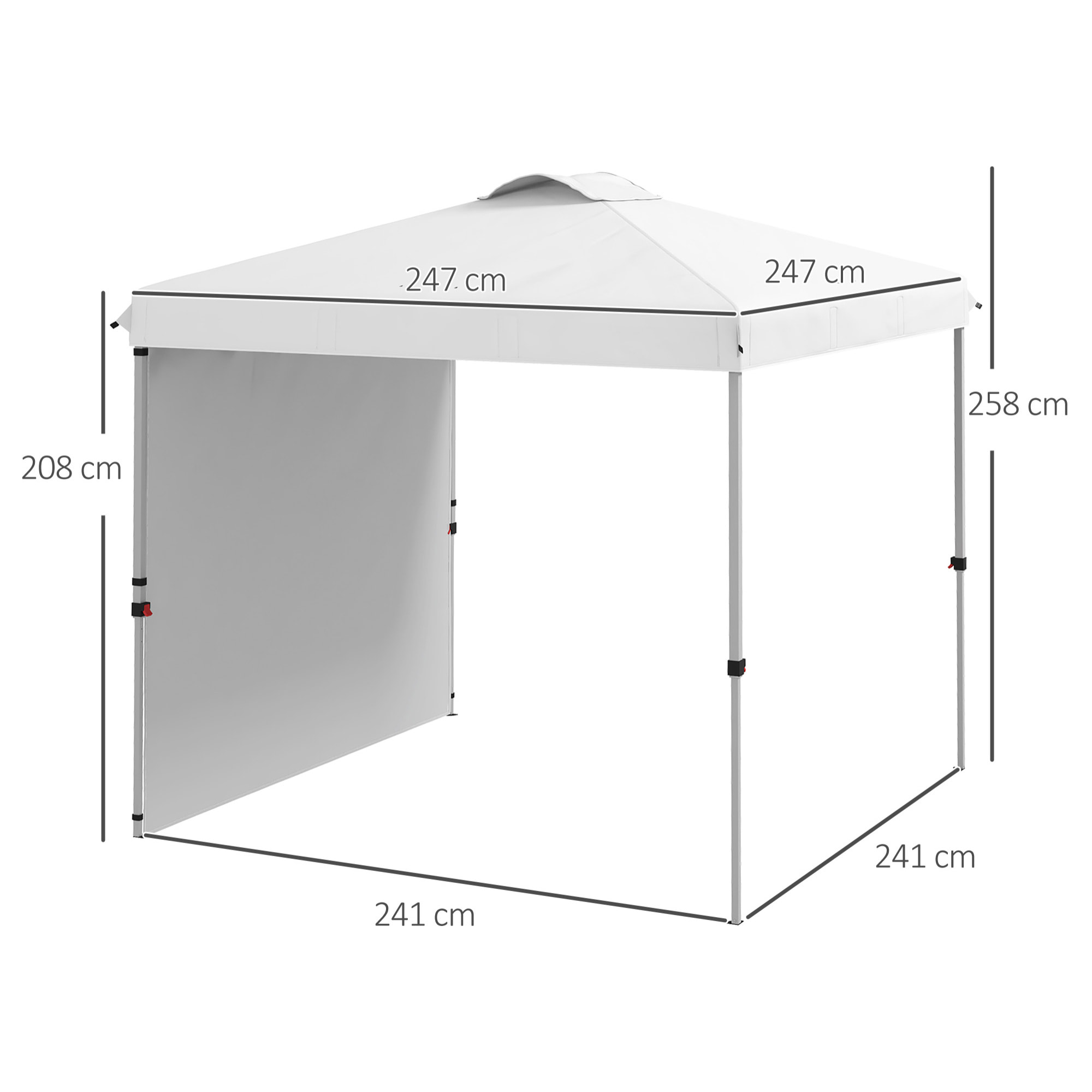 Carpa Plegable 2,5x2,5 m Cenador de Jardín con 1 Pared Lateral Altura Ajustable en 3 Niveles Anti-UV Impermeable y Bolsa de Arena Gazebo para Exterior Camping Fiestas Blanco