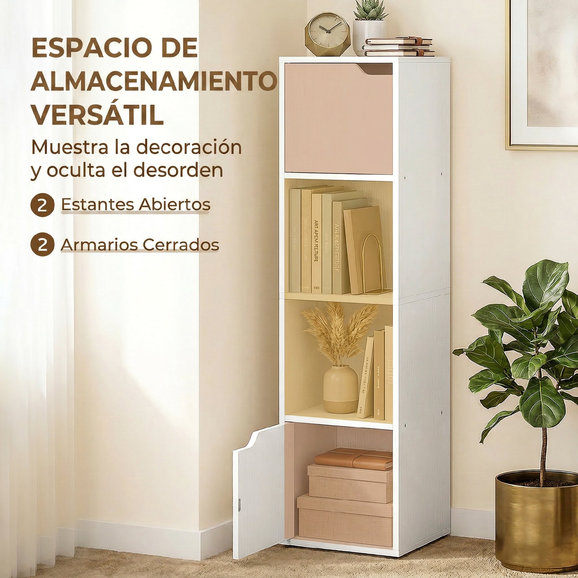 Estantería para Libros con 2 Puertas, Librería Estrecha de 4 Niveles con 2 Estantes Abiertos, Armario Alto para Salón, Estudio, Oficina, 30x29x119 cm, Blanco