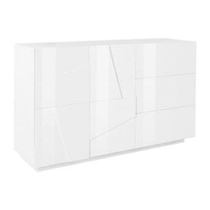 Credenza moderna a 2 ante e 3 cassetti, Made in Italy, Madia da cucina con dettaglio, Buffet di design da soggiorno, cm 143x44h86, colore Bianco lucido