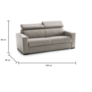 Divano Letto Aiko, Divano a 3 posti, 100% Made in Italy, Sofà Soggiorno con apertura girevole, con poggiatesta regolabili e Braccioli standard, Cm 220x95h85, Tortora