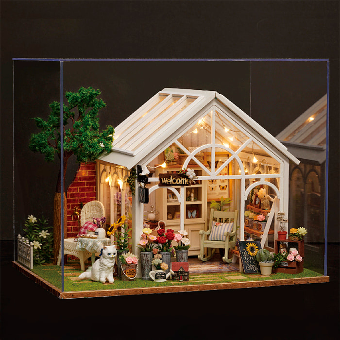 Serra con girasoli. Modello 3D realistico con grande dettaglio, copertura antipolvere e luci LED.