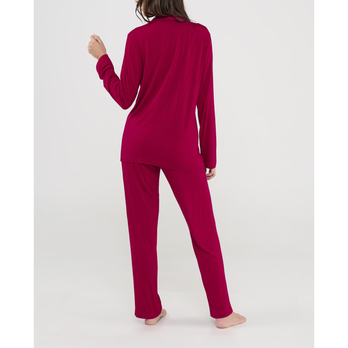 Pijama mujer modal liso, abierto con botones, con bolsillos de plastón, manga larga y pantalón largo
