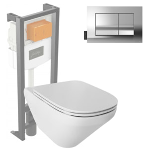 Pack WC suspendu sans bride Modern Life + abattant + bâti-support + plaque rectangle chromé