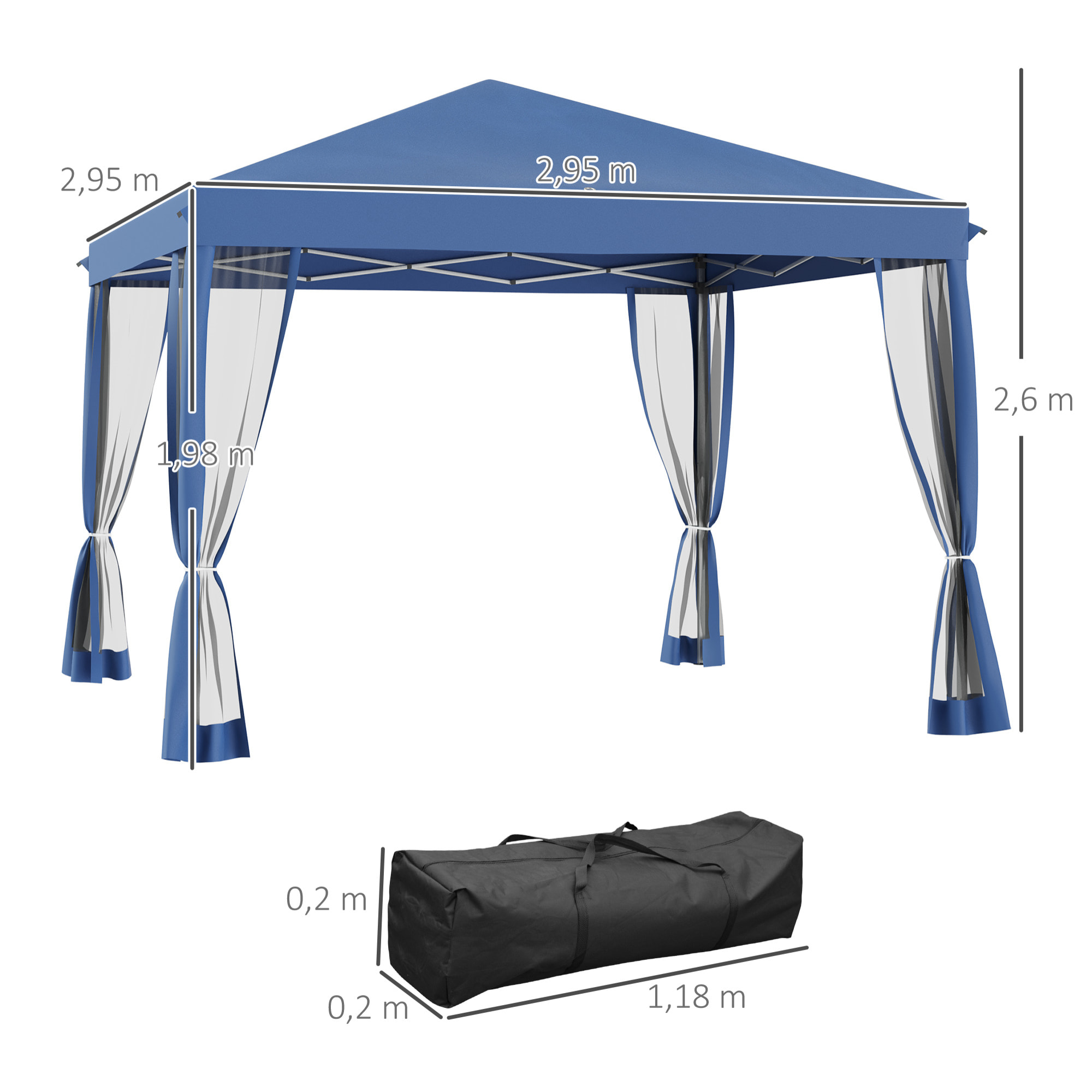 Carpa Plegable 3x3 m Cenador de Jardín con 4 Paredes Laterales de Malla 8 Orificios de Drenaje Impermeable y Bolsa de Transporte para Jardín Patio Fiestas Azul