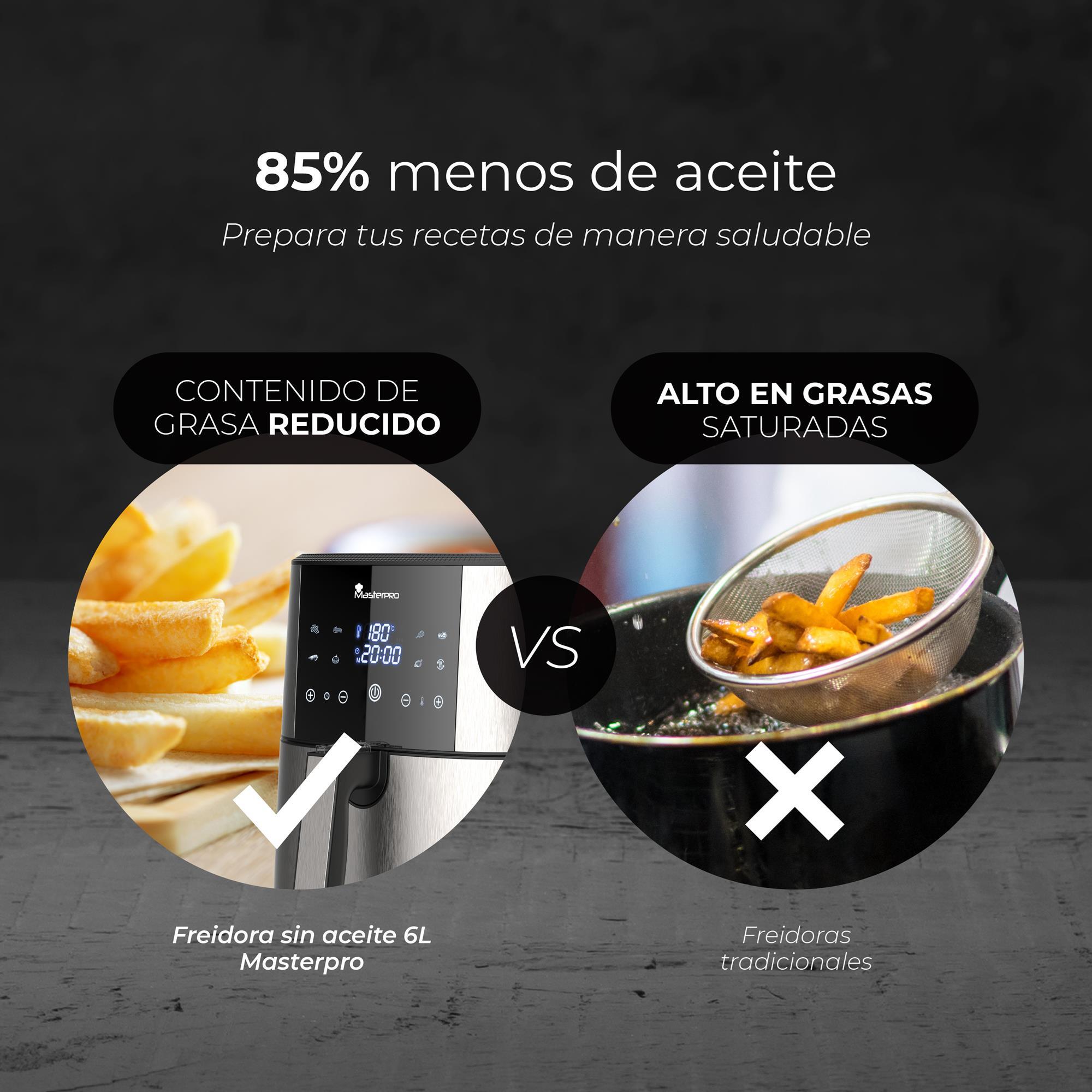 Freidora de aire sin aceite con capacidad de 6l y 1800w de potencia con pantalla led táctil con 8 funciones diferentes masterpro