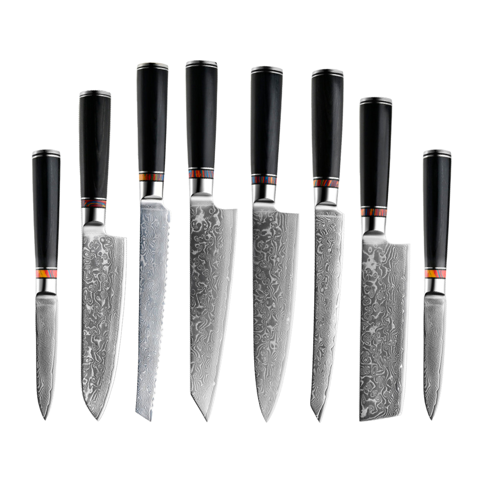 Set di coltelli da cucina 8 in 1 stile Damasco con design elegante e manico in legno nero con punte in acciaio.