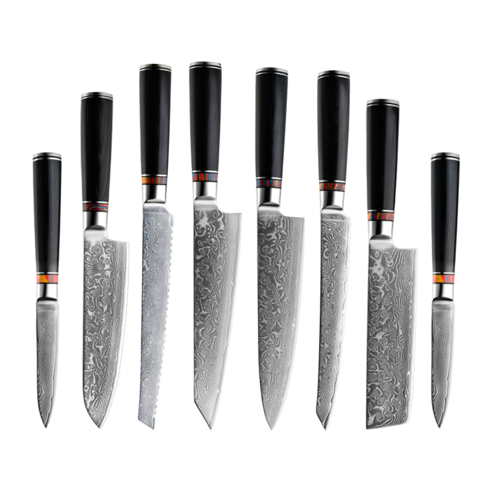 Set di coltelli da cucina 8 in 1 stile Damasco con design elegante e manico in legno nero con punte in acciaio.