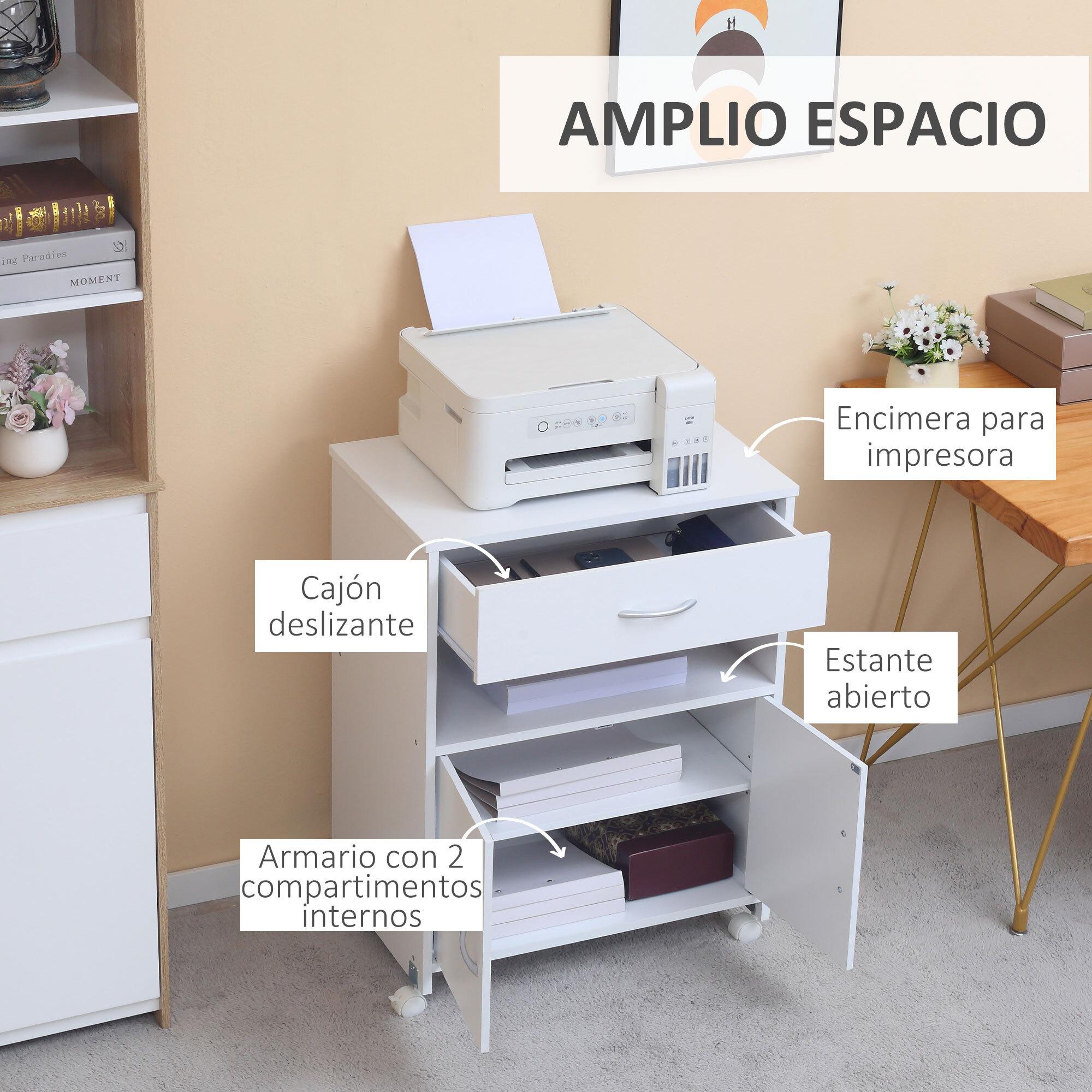 Armario para Impresora Soporte para Impresora con Ruedas Mueble Impresora con Cajón 2 Puertas y Compartimiento Abierto para Salón Oficina Estudio 60x39x80 cm Blanco