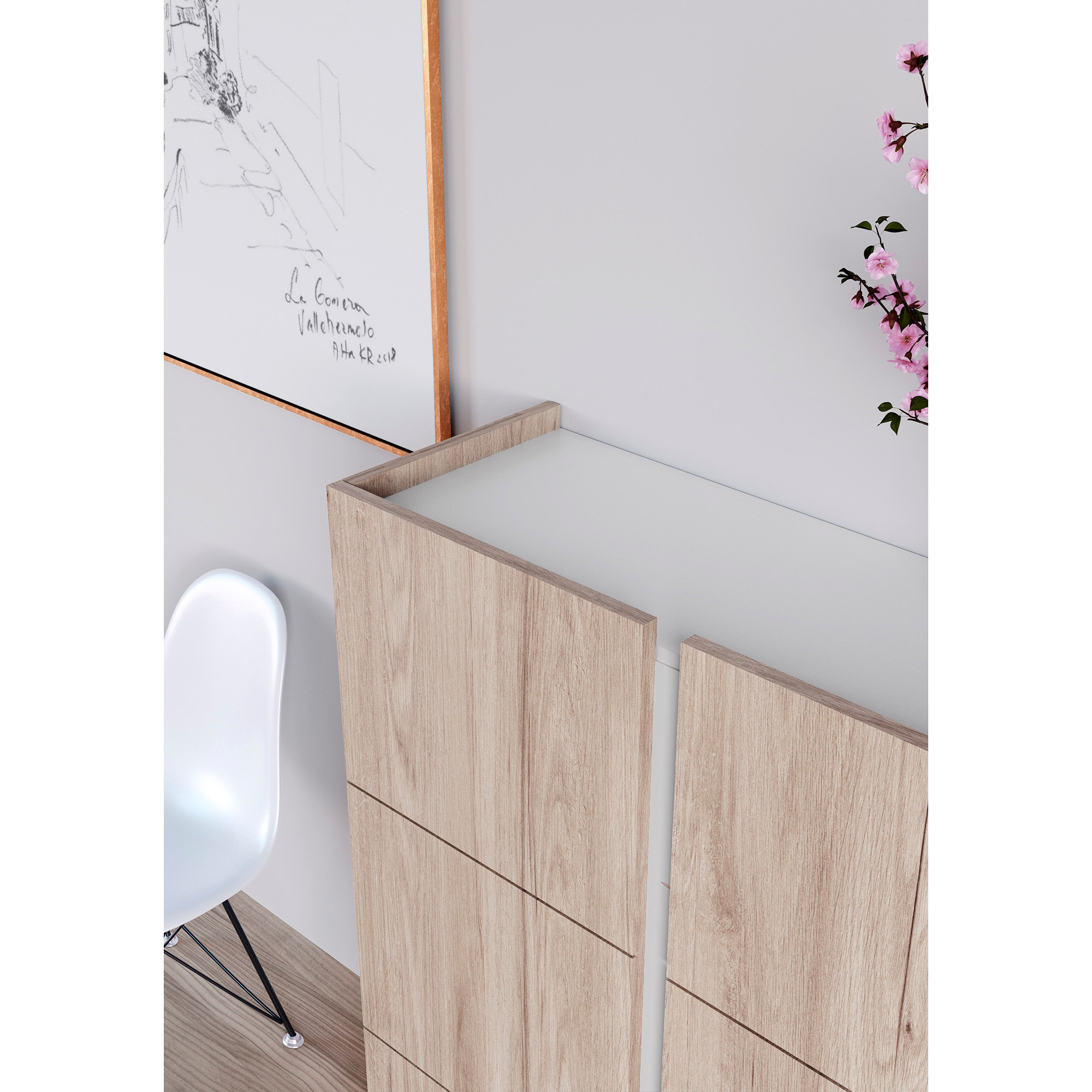 Zapatero Hessa melamina roble claro detalle blanco 122x95x35 cm