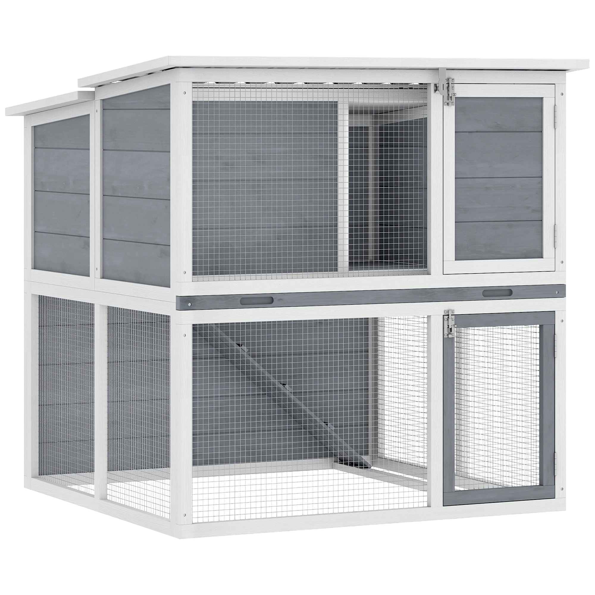 Clapier lapin extérieur 2 étages toit double ouverture bois gris