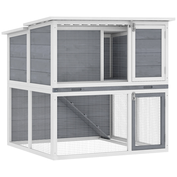 Clapier lapin extérieur 2 étages toit double ouverture bois gris