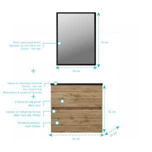 Pack Meuble Salle de Bains 50cm Chêne Naturel 2 Tiroirs, Vasque Noire et Miroir 50x70 à Cadre Noir
