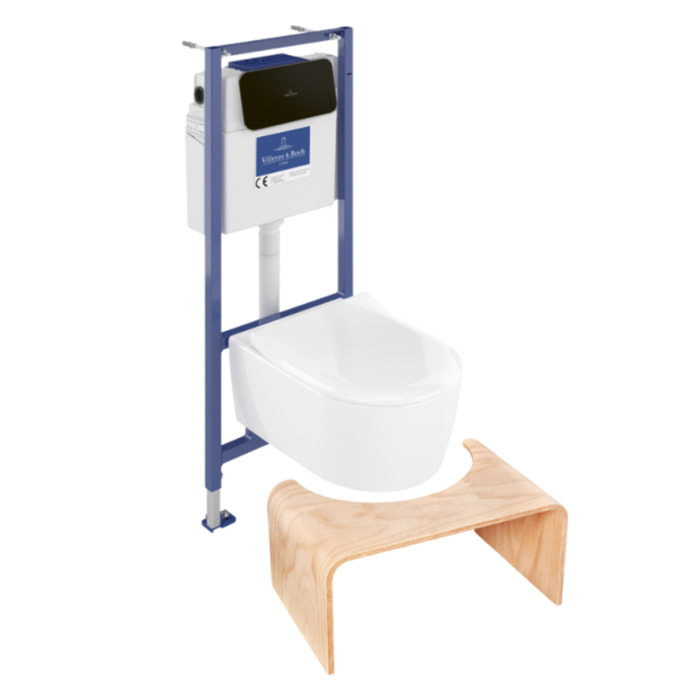 Pack WC suspendu sans bride Avento + Bâti support ViConnect Pro + abattant frein de chute + plaque noir mat  + Tabouret bois