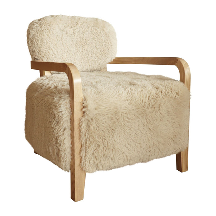 Fauteuil effet fourrure beige et structure en bois  YACK
