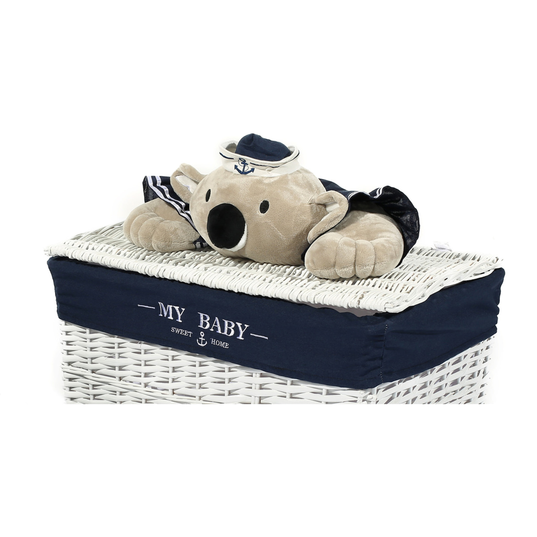 Set 5 cesti in vimini bianco Koala con baule, tema koala blu marino