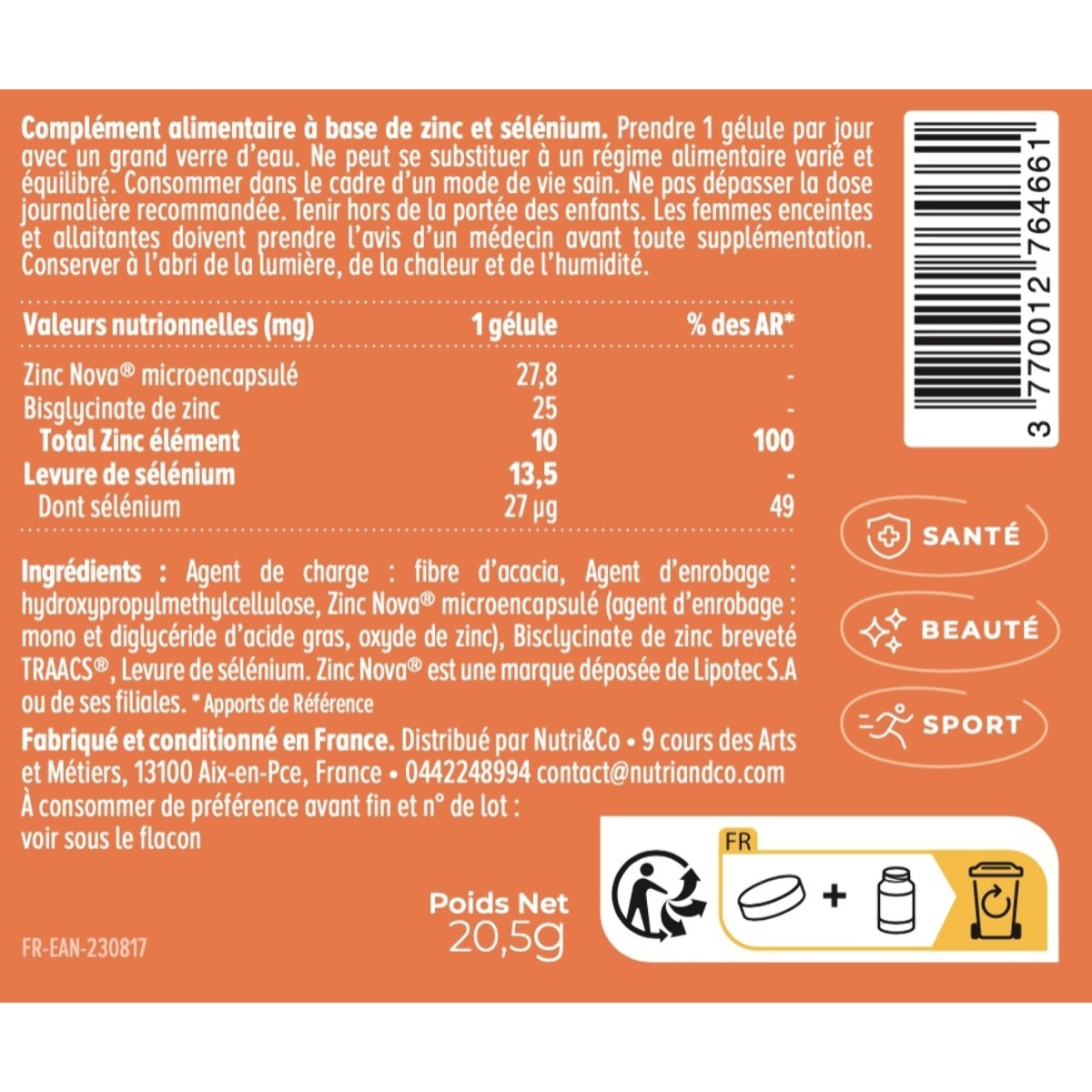 Nutri&Co Zinc Bisglycinate & Sélénium - Immunité et Fertilité - 60 gélules Vegan