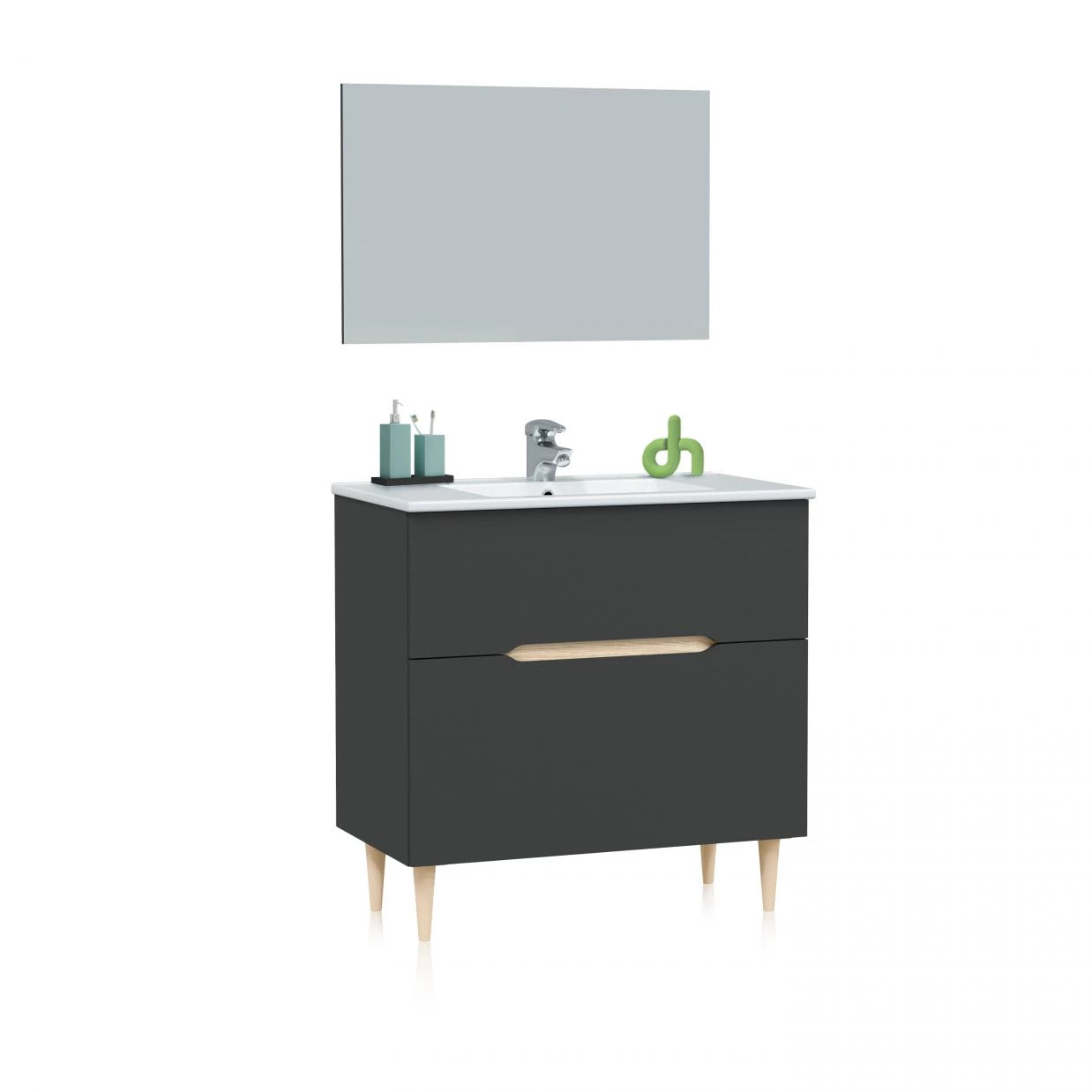 Pack de baño con lavabo cerámico en antracita y roble 45x80 cm Opera 80 Antracita - Roble
