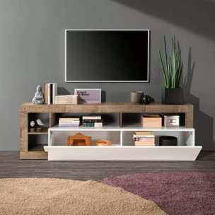 Mobile da soggiorno Porta TV, Made in Italy, Credenza per TV da salotto a 1 anta e vani aperti, cm 184x42h58, colore Bianco lucido e Pero