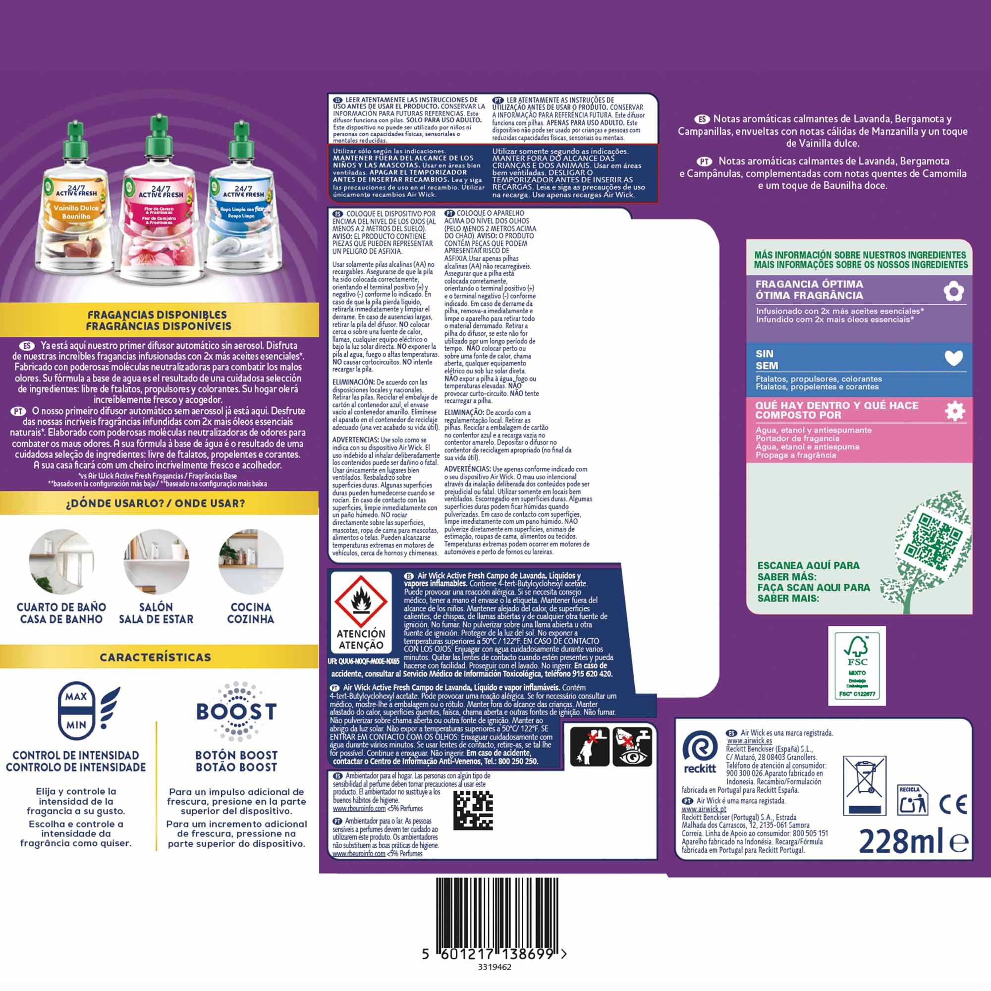 Air Wick Active Fresh Spray Automatico Sin Aerosol - Ambientador para casa con aroma a Lavanda - Aparato y recambio