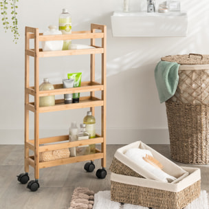 Desserte étroite 3 niveaux à roulettes bambou