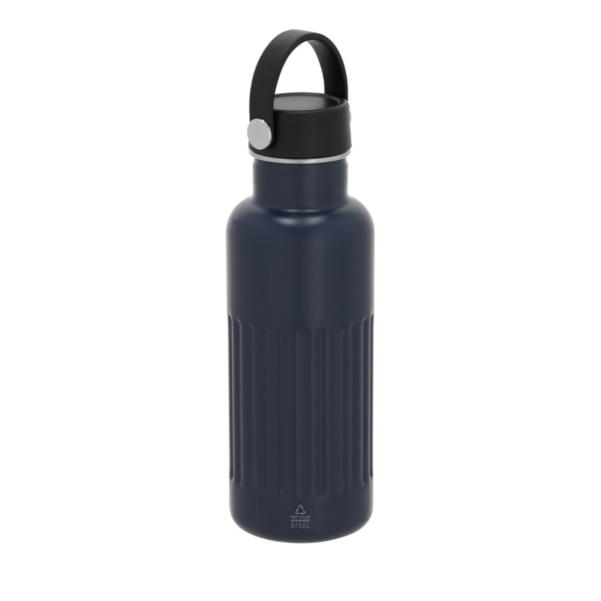 Bidón térmico en Acero Inox Reciclado de doble pared y 500 ml de capacidad. Exterior en acabado biselado mate. Incluye tapón a rosca con asa.