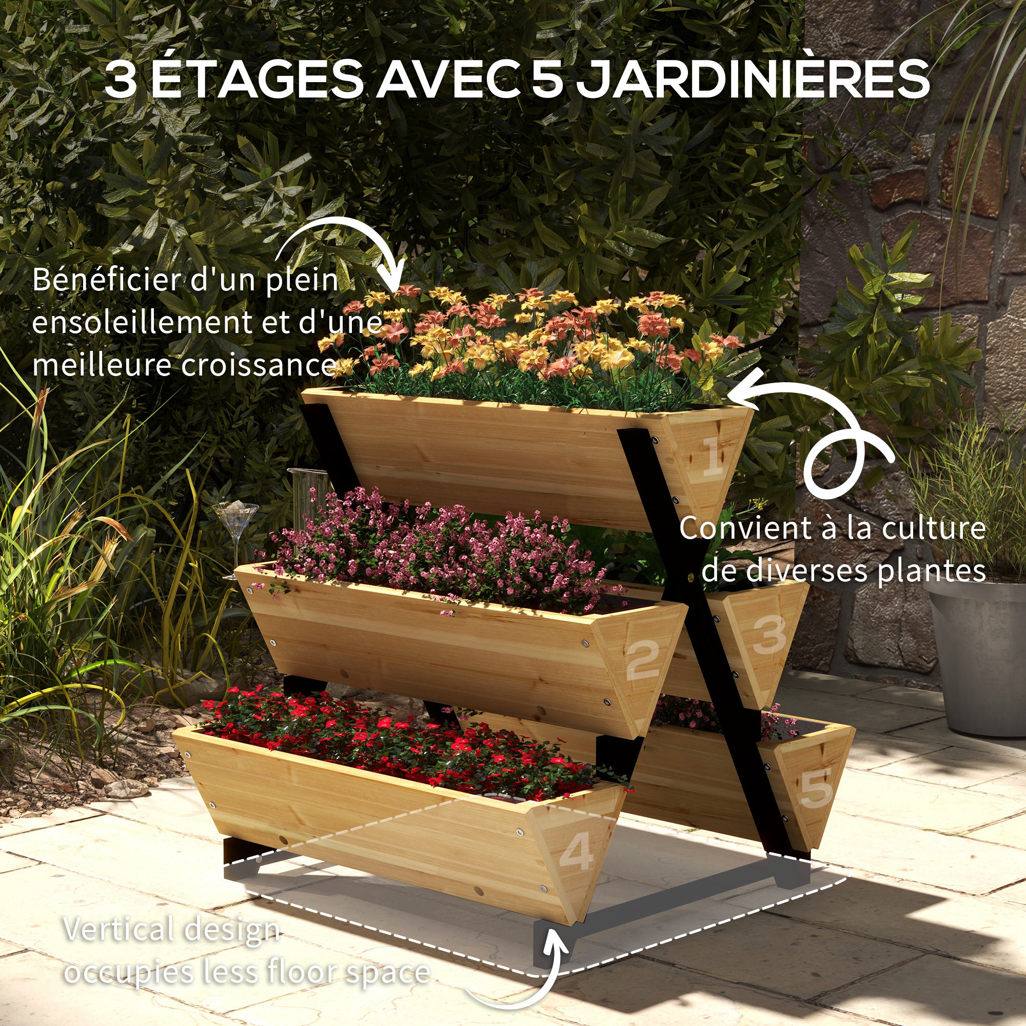 Jardinière escalier 5 bacs design - dim. 75L x 78lx 77H cm - bois sapin pré-huilé noir