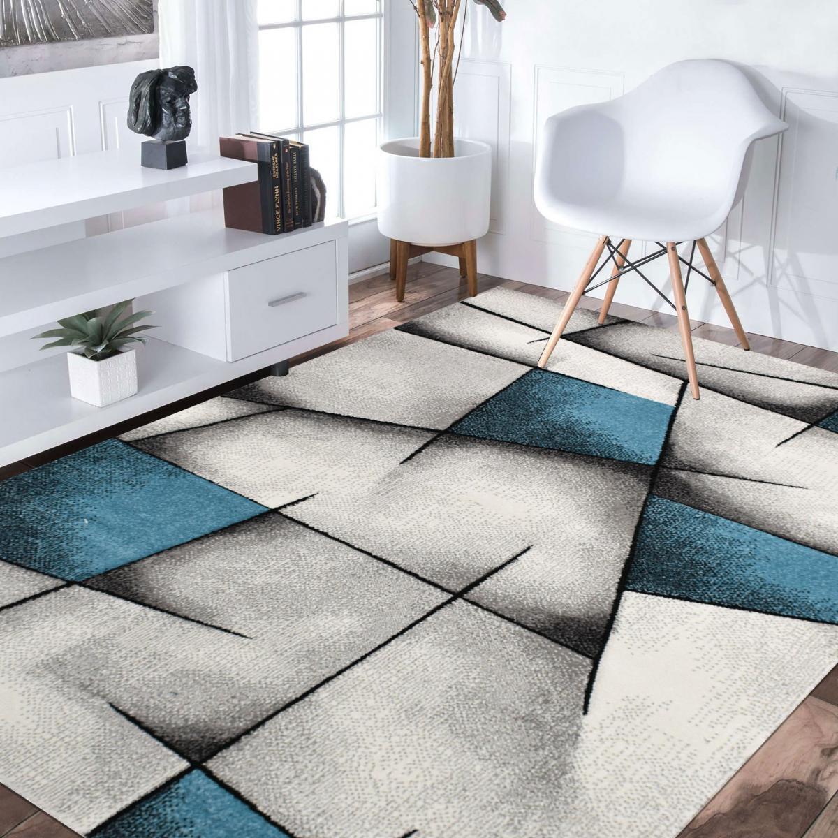 tapis salle à manger 200x290 tissé turquoise rectangle motif géométrique PAR 3D