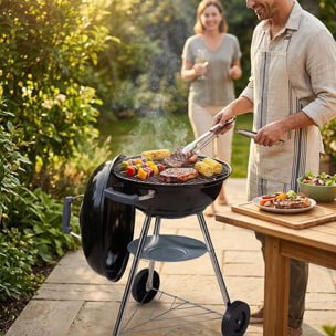 Barbacoa de Carbón con Ruedas Ø47cm - Parrilla de Acero Cromado y Rejilla para Carbón - Para Jardín, con Patas de Acero Inoxidable