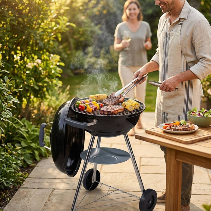 Barbacoa de Carbón con Ruedas Ø47cm - Parrilla de Acero Cromado y Rejilla para Carbón - Para Jardín, con Patas de Acero Inoxidable