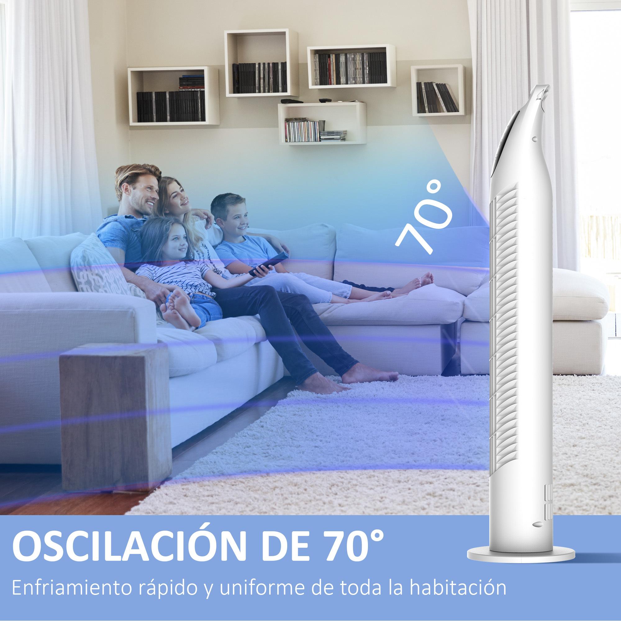 Ventilador de Torre Ventilador Vertical 40W con Mando a Distancia 3 Velocidades Temporizador 7,5h Oscilante 70° Ø18x78,5 cm Blanco