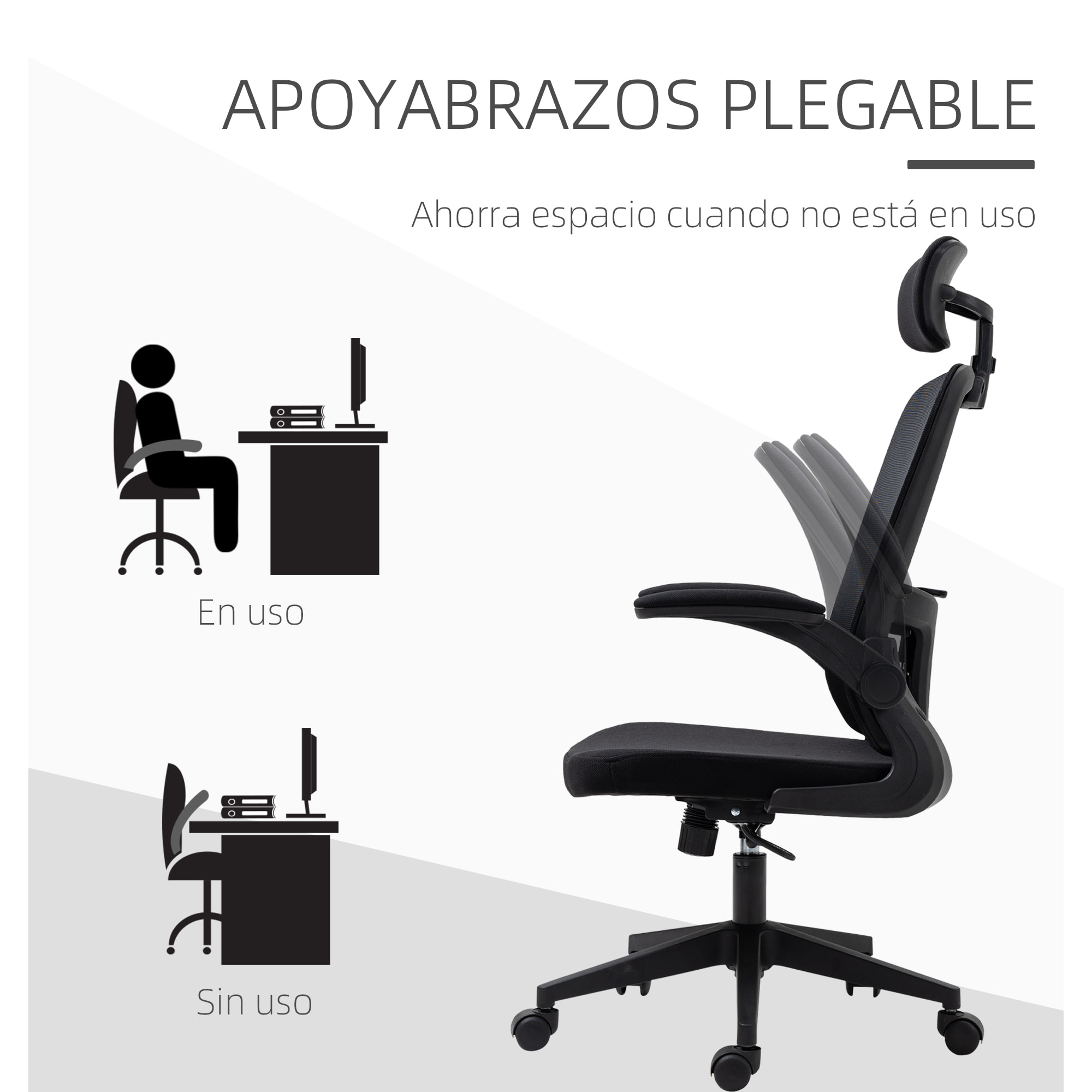 Vinsetto Silla de Oficina de Malla Ergonómica Silla Escritorio Giratoria con Altura Ajustable Reposabrazos Plegable Reposacabezas y Soporte Lumbar Regulables 65x64x114-122 cm Negro