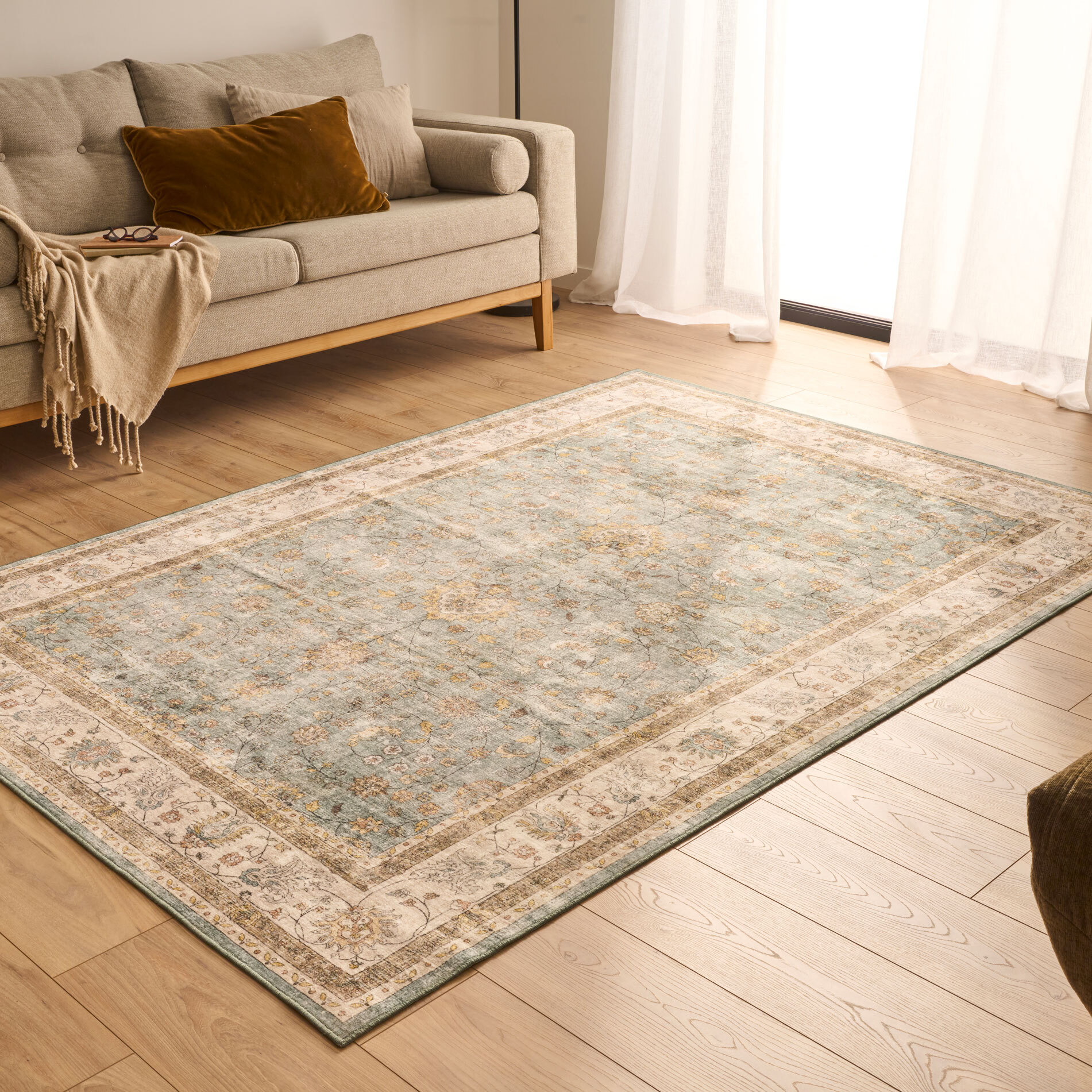 OTTOMAN - Tapis à poils courts doux à motif arabesque turquoise