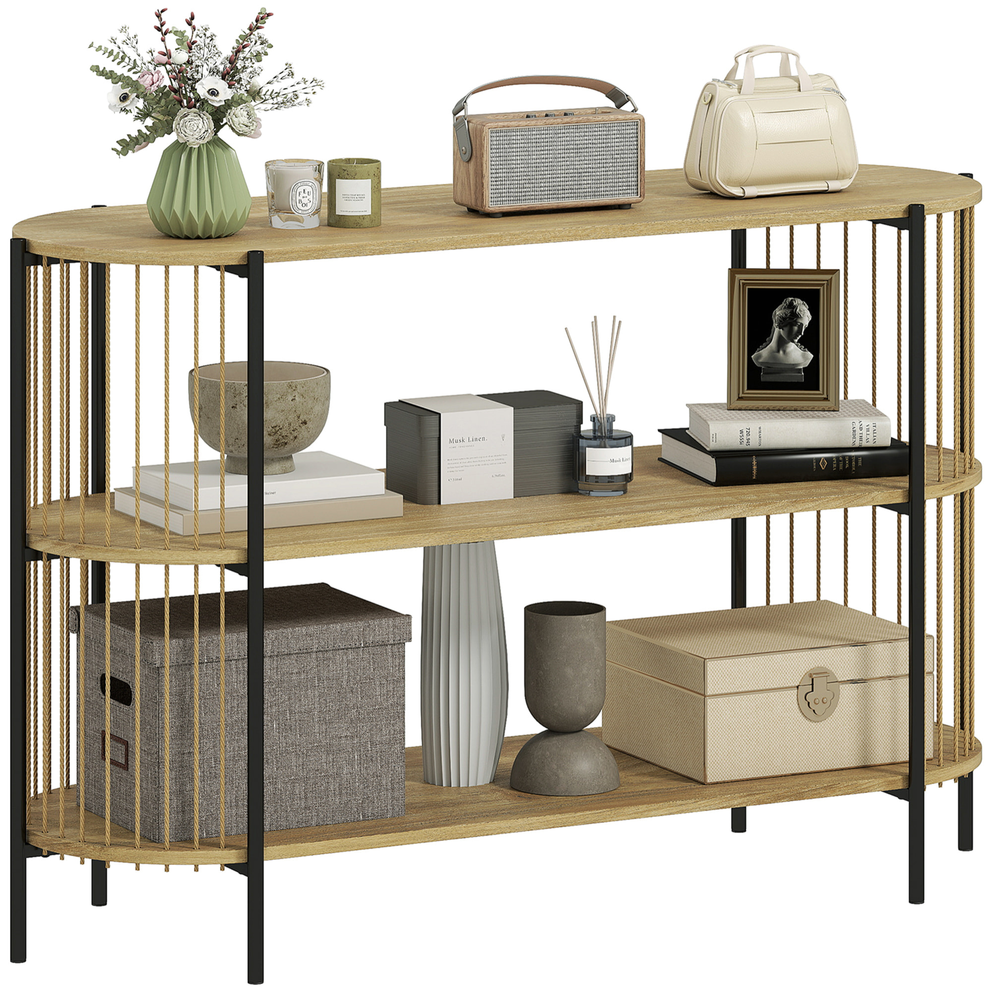 Mesa de Consola con Cuerda de Papel Trenzada a Mano Consola Recibidor de 3 Niveles con Marco de Acero Estilo Bohemio para Entrada Sala de Estar 124x43,5x80 cm Natural