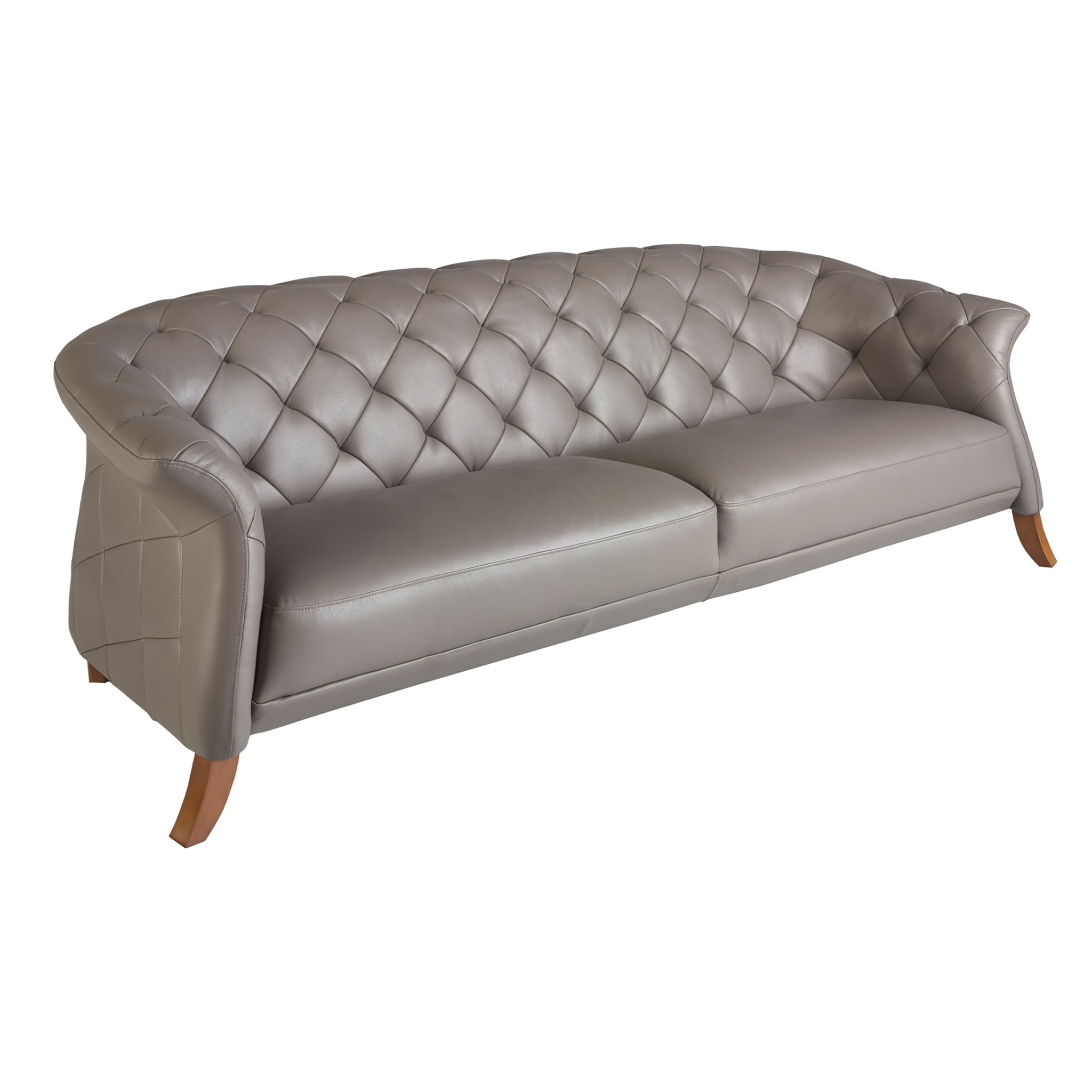 Sofá Chester Angel Cerdá de 3 plazas tapizado en piel de origen vacuno en gris patas de madera en miel 262x104x82cm