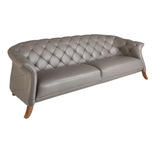 Sofá Chester Angel Cerdá de 3 plazas tapizado en piel de origen vacuno en gris patas de madera en miel 262x104x82cm