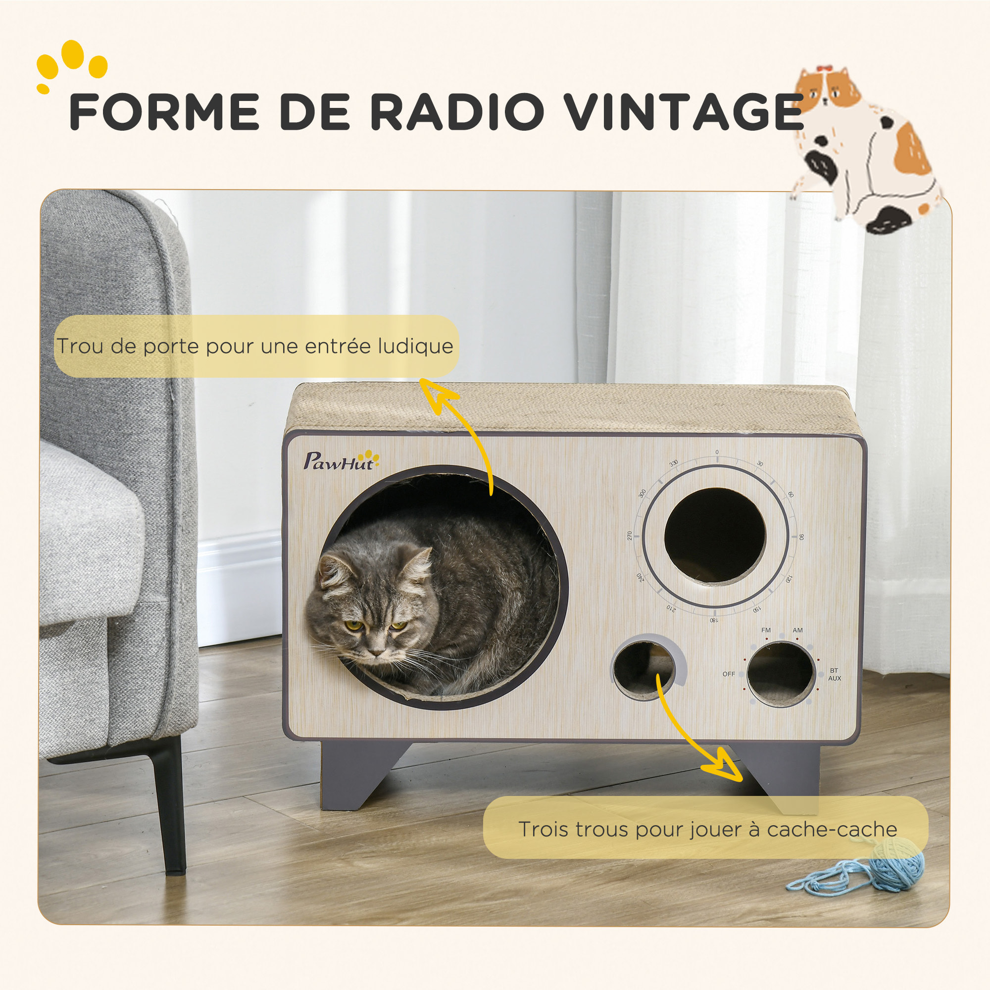 Niche grattoir pour chat 2 en 1 - design radio transistor vintage - carton ondulé