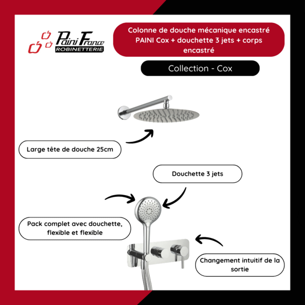 Colonne de douche mécanique encastré PAINI Cox chromé + douchette 3 jets + corps encastré