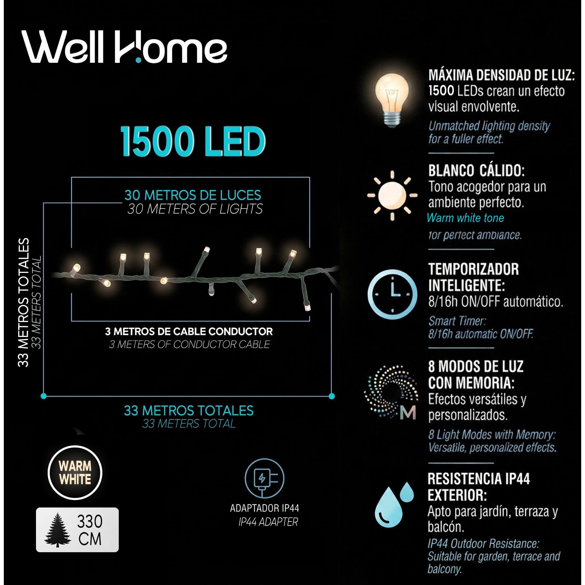 Guirnalda Iluminación navideña con 1500 LED Blanco Cálido - 30 metros