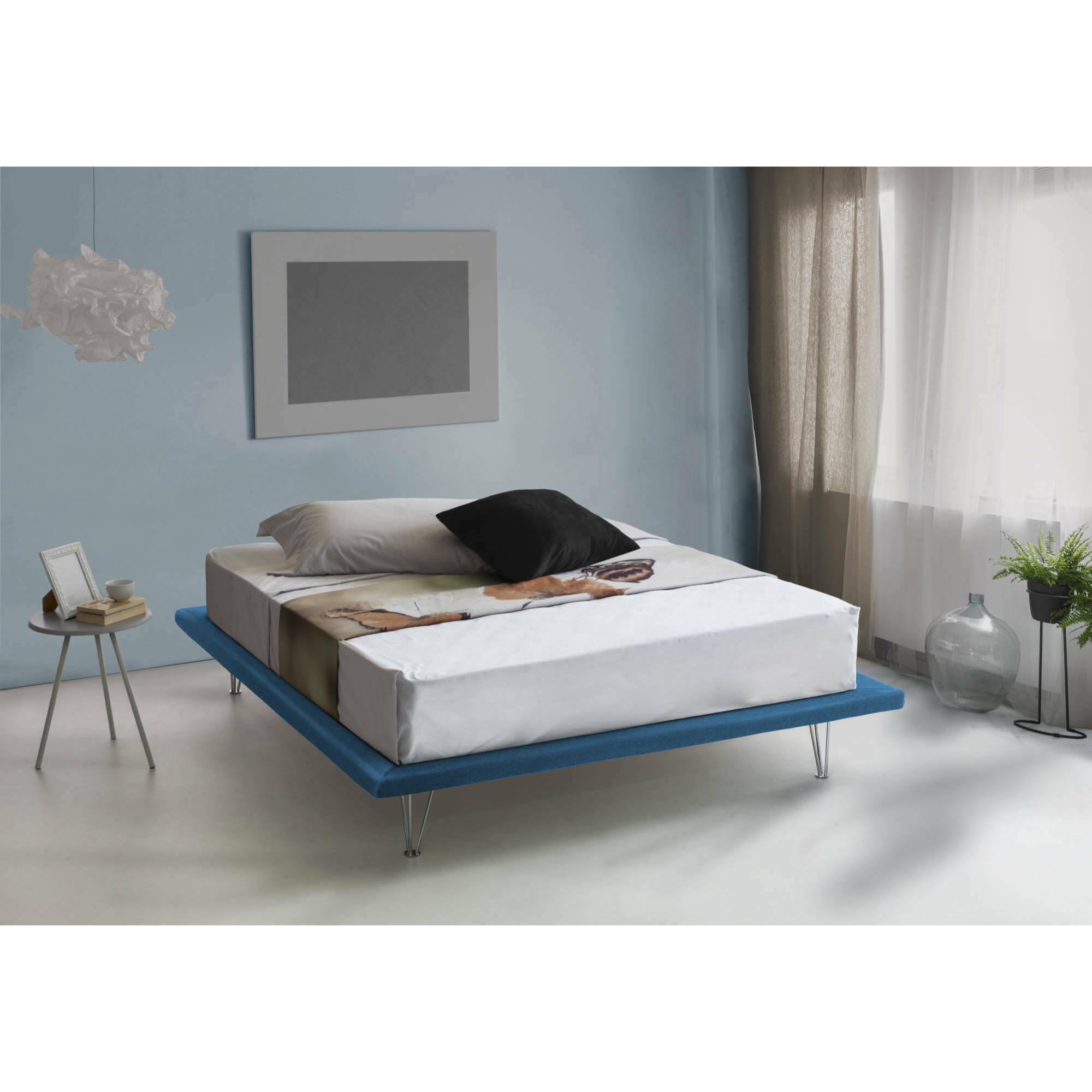 Letto matrimoniale Linda, Letto fisso in tessuto con piedini, 100% Made in Italy, adatto per materasso Cm 160x200, Blu