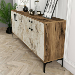 Credenza Dpedrol, Buffet da soggiorno, Madia da salotto, Dispensa da cucina, 180x35h78 cm, Noce e Bianco Marmo