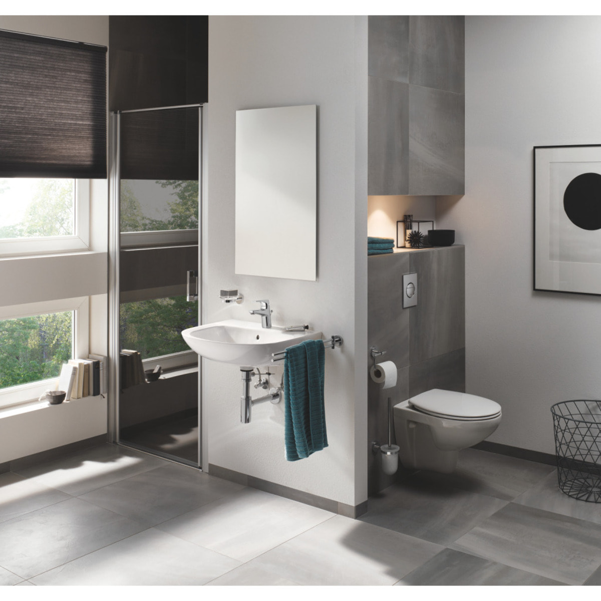 Pack Bati-support Geberit UP100 + Plaque Delta50 chrome + Cuvette Grohe BauClassic suspendue sans bride (BauClassicGeb2)