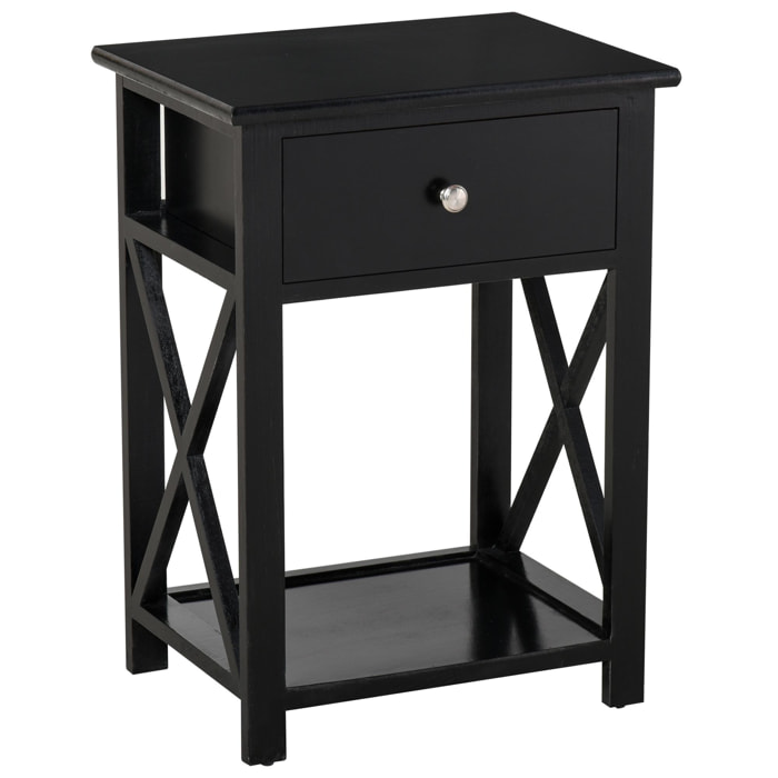 Table de chevet table de nuit style cosy avec croix latérales tiroir et étagère bois et MDF noir