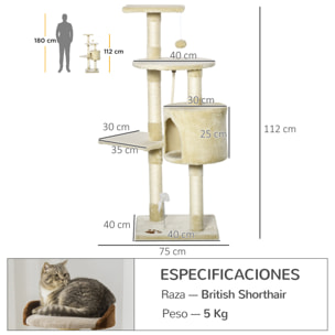 Árbol Rascador para Gatos de Melamina 75x40x112cm Beige