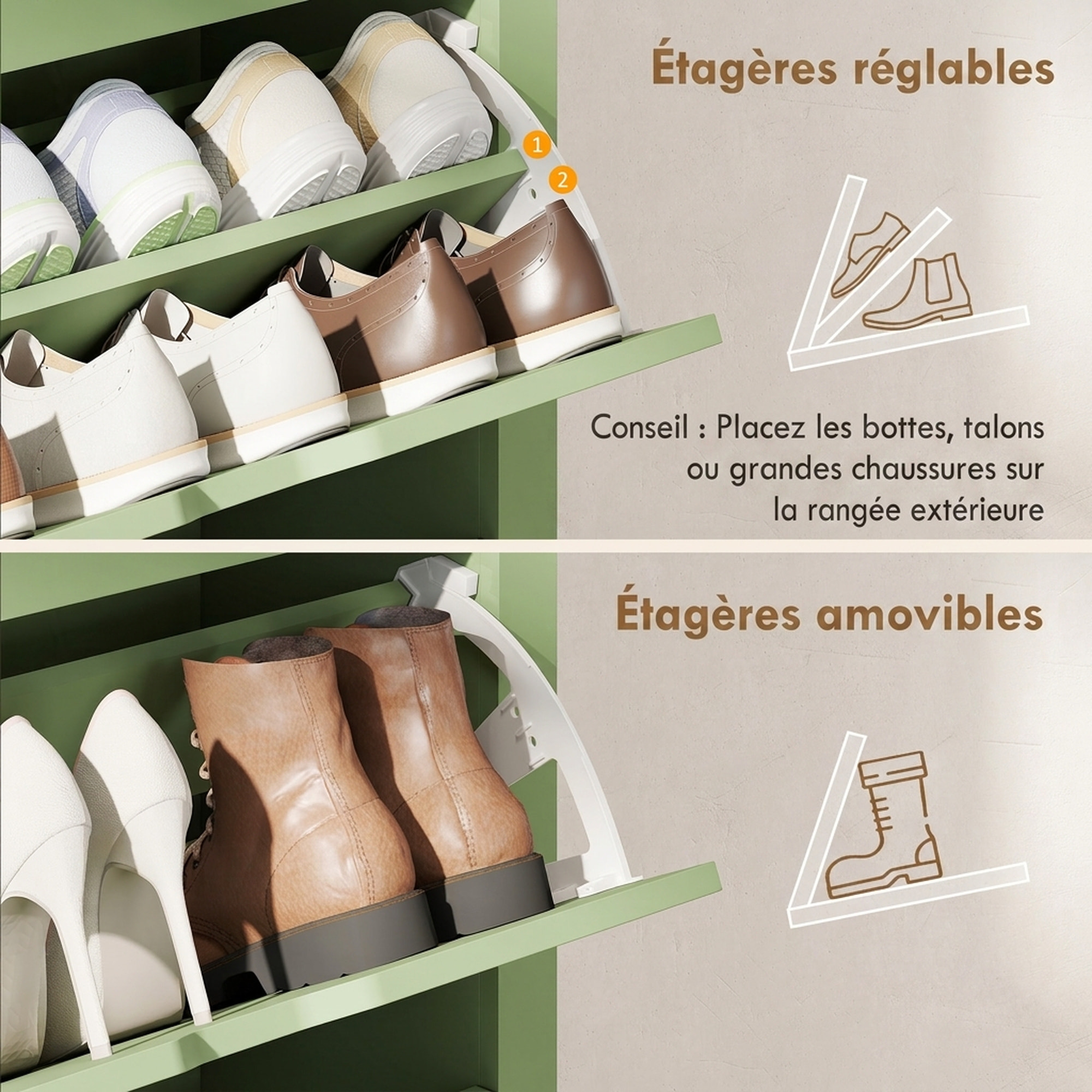 Armoire à chaussures 3 portes abattantes 2 compartiments vert amande laqué naturel