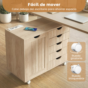 Mueble para Impresora con Estación de Carga y Ruedas, Soporte para Impresora con 5 Cajones, Puertos USB, Estante Ajustable para Oficina en Casa, Natural