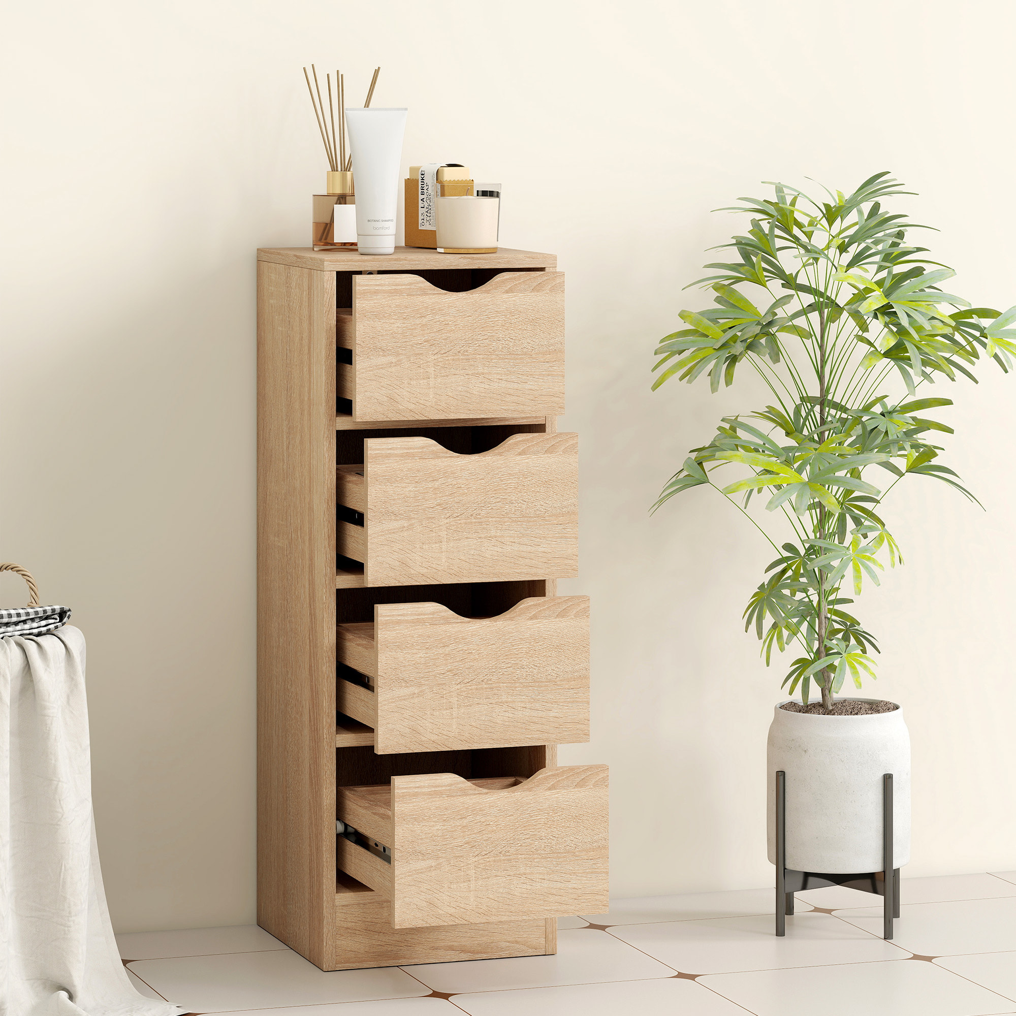 Armario de Baño Estrecho, Mueble Auxiliar de Baño con 4 Cajones y Asas Ranuradas, para Espacios Reducidos, 29x29x83 cm, Madera Natural