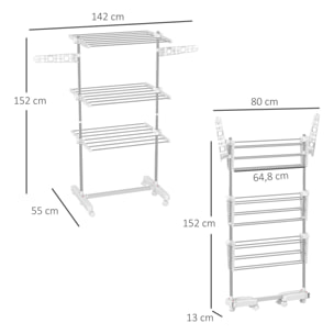 Sechoir à linge étendoir pliable ailes latérales sur 3 niveaux