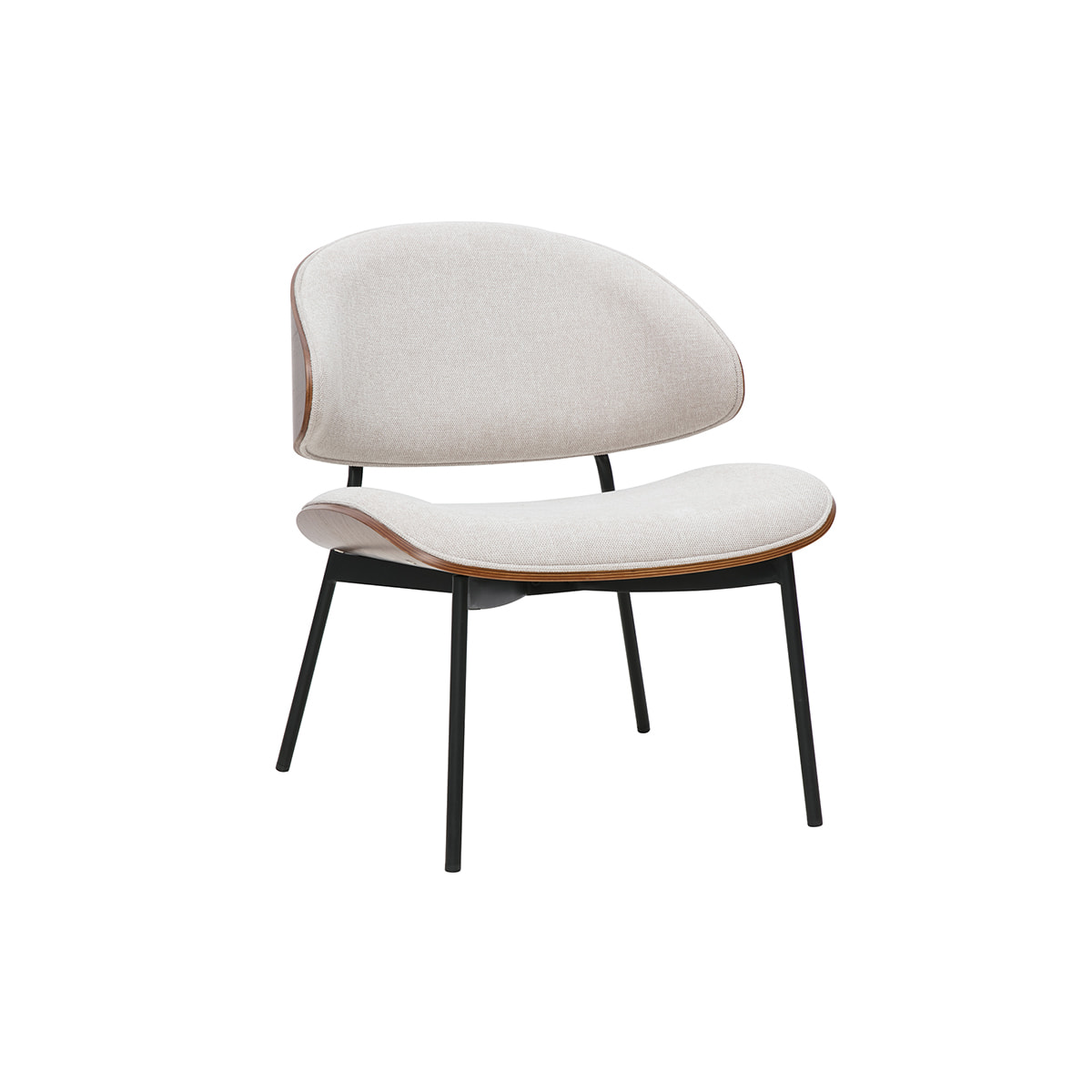 Fauteuil en tissu effet velours texturé beige, bois foncé et métal noir FABULO