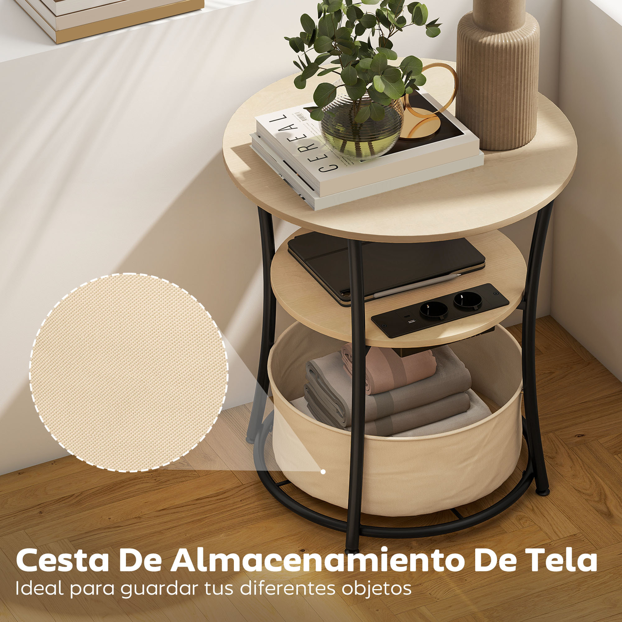 Mesa Auxiliar Redonda de 3 Niveles con Estación de Carga, Mesita Auxiliar Industrial con 2 Estantes Abiertos, Bolsa de Almacenaje, para Salón, Dormitorio, Librería, Ø50x55,1 cm, Madera Natural