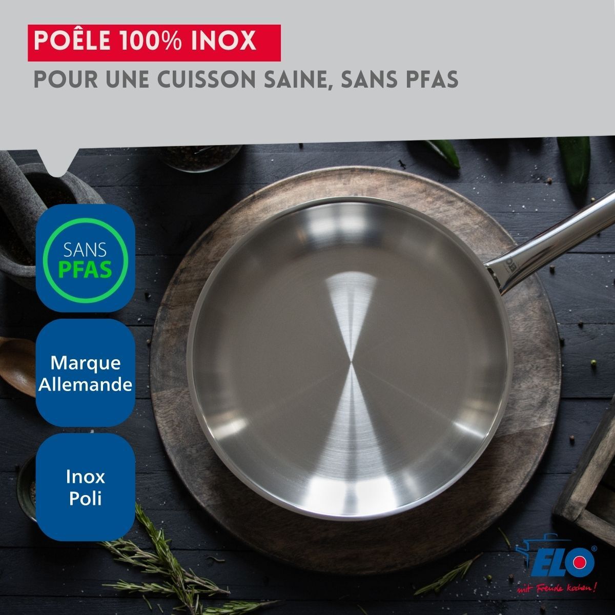 Poêle à frire en inox 18/10 sans revêtement Elo Profi Therm